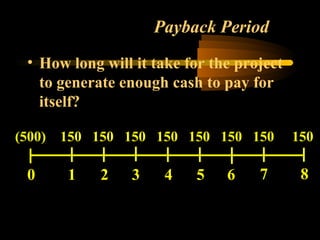 Payback Period
 • How long will it take for the project
   to generate enough cash to pay for
   itself?

(500)   150 150 150 150 150 150 150        150

 0      1    2   3    4   5    6    7       8
 