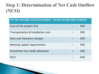 For the mutually exclusive project : cannot accept both projects
Cost of the project (FA) - XXX
Transportation & Installation cost - XXX
Duty and clearance charges - XXX
Working capital requirements - XXX
Investment tax credit/allowance + XXX
NCO - XXX
 