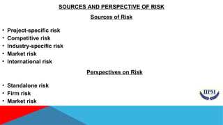 SOURCES AND PERSPECTIVE OF RISK 
Sources of Risk 
• Project-specific risk 
• Competitive risk 
• Industry-specific risk 
• Market risk 
• International risk 
Perspectives on Risk 
• Standalone risk 
• Firm risk 
• Market risk 
 