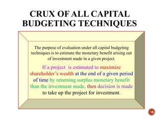 CRUX OF ALL CAPITAL
BUDGETING TECHNIQUES
18
The purpose of evaluation under all capital budgeting
techniques is to estimate the monetary benefit arising out
of investment made in a given project.
If a project is estimated to maximize
shareholder’s wealth at the end of a given period
of time by returning surplus monetary benefit
than the investment made, then decision is made
to take up the project for investment.
 