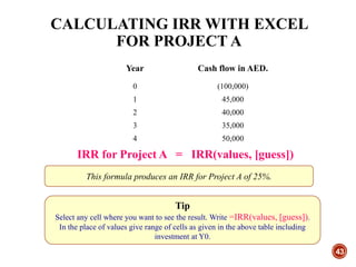 CALCULATING IRR WITH EXCEL
FOR PROJECT A
43
Year Cash flow in AED.
0 (100,000)
1 45,000
2 40,000
3 35,000
4 50,000
IRR for Project A = IRR(values, [guess])
This formula produces an IRR for Project A of 25%.
Tip
Select any cell where you want to see the result. Write =IRR(values, [guess]).
In the place of values give range of cells as given in the above table including
investment at Y0.
 