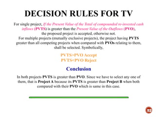 DECISION RULES FOR TV
52
For single project, If the Present Value of the Total of compounded re-invested cash
inflows (PVTS) is greater than the Present Value of the Outflows (PVO),
the proposed project is accepted, otherwise not.
For multiple projects (mutually exclusive projects), the project having PVTS
greater than all competing projects when compared with PVOs relating to them,
shall be selected. Symbolically,
PVTS>PVO Accept
PVTS<PVO Reject
Conclusion
In both projects PVTS is greater than PVO. Since we have to select any one of
them, that is Project A because its PVTS is greater than Project B when both
compared with their PVO which is same in this case.
 