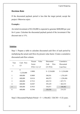 Capital Budgeting
32
Decision Rule
If the discounted payback period is less that the target period, accept the
project. Otherwise reject.
Example:-
An initial investment of $2,324,000 is expected to generate $600,000 per year
for 6 years. Calculate the discounted payback period of the investment if the
discount rate is 11%.
Solution
Step 1: Prepare a table to calculate discounted cash flow of each period by
multiplying the actual cash flows by present value factor. Create a cumulative
discounted cash flow column.
Year
n
Cash Flow
CF
Present Value
Factor
PV$1=1/(1+i)n
Discounted
Cash Flow
CF×PV$1
Cumulative
Discounted
Cash Flow
0
$
−2,324,000
1.0000 $ −2,324,000 $ −2,324,000
1 600,000 0.9009 540,541 − 1,783,459
2 600,000 0.8116 486,973 − 1,296,486
3 600,000 0.7312 438,715 − 857,771
4 600,000 0.6587 395,239 − 462,533
5 600,000 0.5935 356,071 − 106,462
6 600,000 0.5346 320,785 214,323
Step 2: Discounted Payback Period = 5 + |-106,462| / 320,785 ≈ 5.32 years.
 