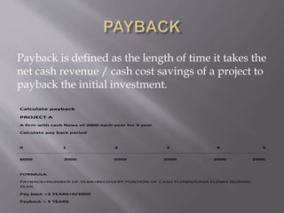 Payback is defined as the length of time it takes the
net cash revenue / cash cost savings of a project to
payback the initial investment.
Calculate payback
PROJECT A
A firm with cash flows of 2000 each year for 5 year
Calculate pay back period
0 1 2 3 4 5
6000 2000 2000 2000 2000 2000
FORMULA
PAYBACK=NUMBER OF YEAR+RECOVERY PORTION OF CASH FLOWS/CASH FLOWS DURING
YEAR.
Pay back =3 YEARS+0/2000
Payback = 3 YEARS
 