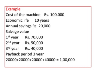 Example
Cost of the machine Rs. 100,000
Economic life 10 years
Annual savings Rs. 20,000
Salvage value
1st year Rs. 70,000
2nd year Rs. 50,000
3rd year Rs. 40,000
Payback period 3 year
20000+20000+20000+40000 = 1,00,000
 