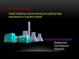 Capital budgeting involves planning and justifying large
expenditures on long-term projects
CAPITAL BUDGETING
Projects can be classified as:
Replacement
Cost Reduction
Expansion
 