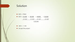 Solution
 BCR = PVB/I
 BCR = 25,000 + 40,000 + 40000 + 50,000
(1.12)1 (1.12)2 (1.12)3 (1.12)4
1,00,000
 BCR = 1.145
 A...