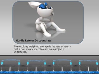 Hurdle Rate or Discount rate 
The resulting weighted average is the rate of return 
that a firm must expect to earn on a project it 
undertakes. 
11/24/2014 14 
 