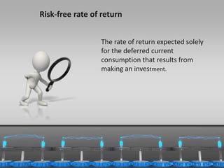 Risk-free rate of return 
The rate of return expected solely 
for the deferred current 
consumption that results from 
making an investment. 
11/24/2014 15 
