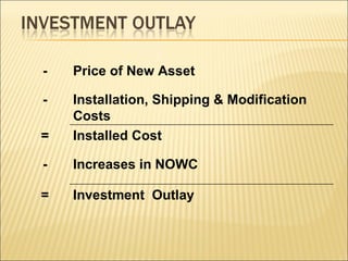 - Price of New Asset - Installation, Shipping & Modification Costs = Installed Cost - Increases in NOWC = Investment  Outlay 