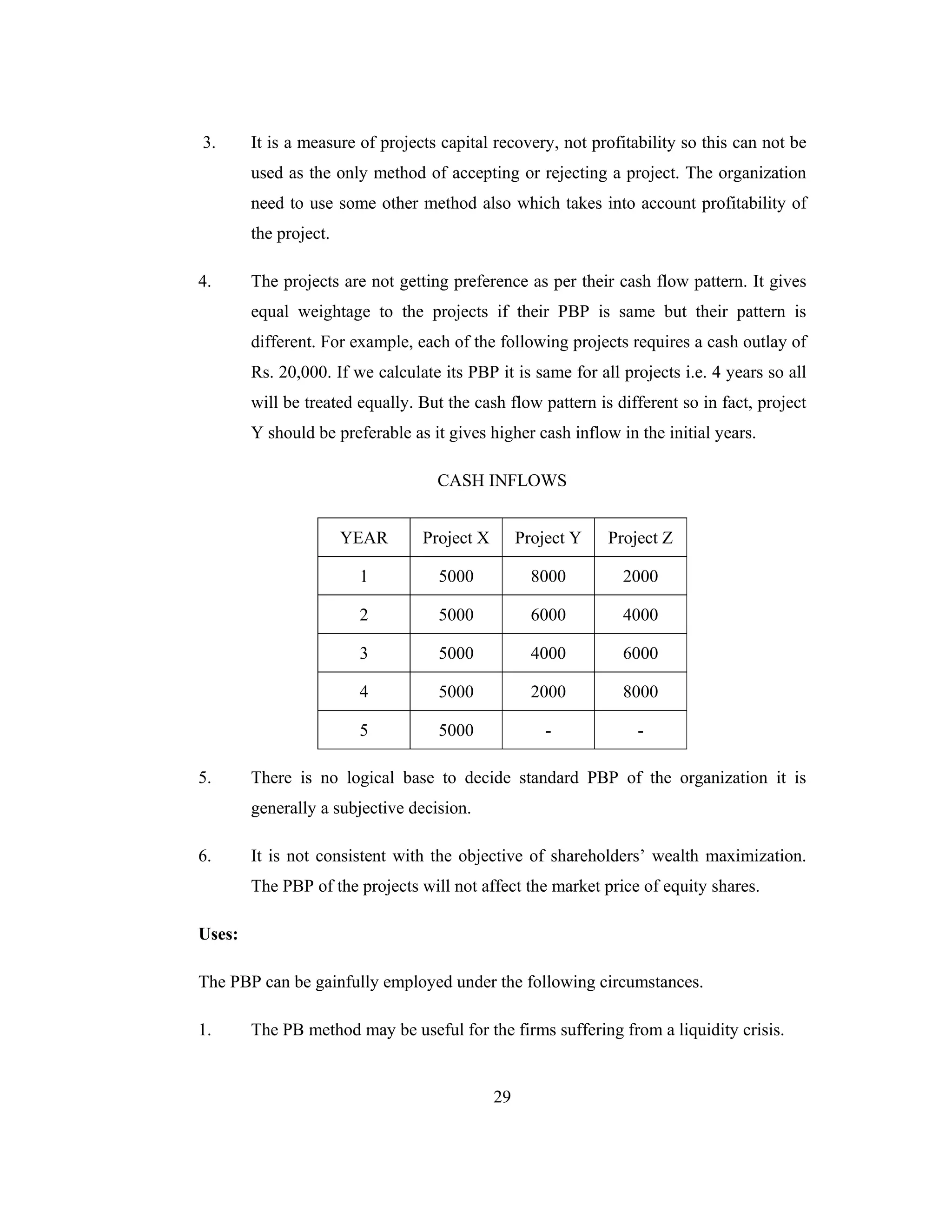 29
3. It is a measure of projects capital recovery, not profitability so this can not be
used as the only method of accepting or rejecting a project. The organization
need to use some other method also which takes into account profitability of
the project.
4. The projects are not getting preference as per their cash flow pattern. It gives
equal weightage to the projects if their PBP is same but their pattern is
different. For example, each of the following projects requires a cash outlay of
Rs. 20,000. If we calculate its PBP it is same for all projects i.e. 4 years so all
will be treated equally. But the cash flow pattern is different so in fact, project
Y should be preferable as it gives higher cash inflow in the initial years.
CASH INFLOWS
YEAR Project X Project Y Project Z
1 5000 8000 2000
2 5000 6000 4000
3 5000 4000 6000
4 5000 2000 8000
5 5000 - -
5. There is no logical base to decide standard PBP of the organization it is
generally a subjective decision.
6. It is not consistent with the objective of shareholders’ wealth maximization.
The PBP of the projects will not affect the market price of equity shares.
Uses:
The PBP can be gainfully employed under the following circumstances.
1. The PB method may be useful for the firms suffering from a liquidity crisis.
 