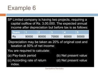 Example 6
SP Limited company is having two projects, requiring a
capital outflow of Rs. 3,00,000. The expected annual
income after depreciation but before tax is as follows:
Depreciation may be taken as 20% of original cost and
taxation at 50% of net income:
You are required to calculate:
(a) Pay-back period (b) Net present value
(c) According rate of return (d) Net present value
index.
(e) Internal rate of return.
Years 1 2 3 4 5
Rs 90000 80000 70000 60000 50000
Sambattina Rambabu
 