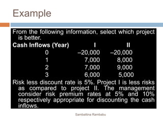 Example
From the following information, select which project
is better.
Cash Inflows (Year) I II
0 –20,000 –20,000
1 7,000 8,000
2 7,000 9,000
3 6,000 5,000
Risk less discount rate is 5%. Project I is less risks
as compared to project II. The management
consider risk premium rates at 5% and 10%
respectively appropriate for discounting the cash
inflows.
Sambattina Rambabu
 