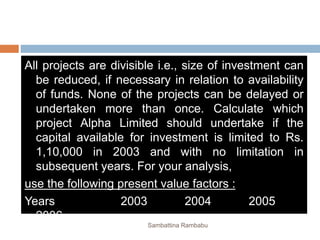 All projects are divisible i.e., size of investment can
be reduced, if necessary in relation to availability
of funds. None of the projects can be delayed or
undertaken more than once. Calculate which
project Alpha Limited should undertake if the
capital available for investment is limited to Rs.
1,10,000 in 2003 and with no limitation in
subsequent years. For your analysis,
use the following present value factors :
Years 2003 2004 2005
2006
Factors 1.00 0.89 0.80 0.71
Sambattina Rambabu
 