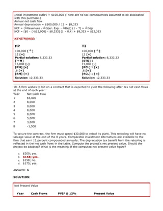 Initial investment outlay = $100,000 (There are no tax consequences assumed to be associated
with this purchase.)
Annual net cash flow:
Annual depreciation = $100,000 / 12 = $8,333
NCF = ( Revenues - Oper. Exp. - Dep) (1 - T) + Dep
NCF = [$0 - (-$15,000) - $8,333] (1 - 0.4) + $8,333 = $12,333
KEYSTROKES:
HP TI
100,000 [ ]
12 [=]
Partial solution: 8,333.33
[ M]
15,000 [-]
[RM] [x]
.6 [+]
[RM] [=]
100,000 [ ]
12 [=]
Partial solution: 8,333.33
[STO] 1
15,000 [-]
[RCL] 1 [x]
.6 [+]
[RCL] 1 [=]
Solution: 12,333.33 Solution: 12,333.33
18. A firm wishes to bid on a contract that is expected to yield the following after-tax net cash flows
at the end of each year:
Year Net Cash Flow
1 $5,000
2 8,000
3 9,000
4 8,000
5 8,000
6 5,000
7 3,000
8 -1,500
To secure the contract, the firm must spend $30,000 to retool its plant. This retooling will have no
salvage value at the end of the 8 years. Comparable investment alternatives are available to the
firm that earn 12 percent compounded annually. The depreciation tax benefit from the retooling is
reflected in the net cash flows in the table. Compute the project's net present value. Should the
project be adopted? What is the meaning of the computed net present value figure?
a. $200; yes.
b. $158; yes.
c. $158; no.
d. $175; yes.
ANSWER: b
SOLUTION:
Net Present Value
Year Cash Flows PVIF @ 12% Present Value
 