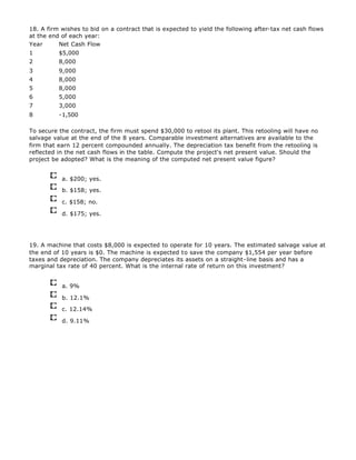 18. A firm wishes to bid on a contract that is expected to yield the following after-tax net cash flows
at the end of each year:
Year Net Cash Flow
1 $5,000
2 8,000
3 9,000
4 8,000
5 8,000
6 5,000
7 3,000
8 -1,500
To secure the contract, the firm must spend $30,000 to retool its plant. This retooling will have no
salvage value at the end of the 8 years. Comparable investment alternatives are available to the
firm that earn 12 percent compounded annually. The depreciation tax benefit from the retooling is
reflected in the net cash flows in the table. Compute the project's net present value. Should the
project be adopted? What is the meaning of the computed net present value figure?
a. $200; yes.
b. $158; yes.
c. $158; no.
d. $175; yes.
19. A machine that costs $8,000 is expected to operate for 10 years. The estimated salvage value at
the end of 10 years is $0. The machine is expected to save the company $1,554 per year before
taxes and depreciation. The company depreciates its assets on a straight-line basis and has a
marginal tax rate of 40 percent. What is the internal rate of return on this investment?
a. 9%
b. 12.1%
c. 12.14%
d. 9.11%
 