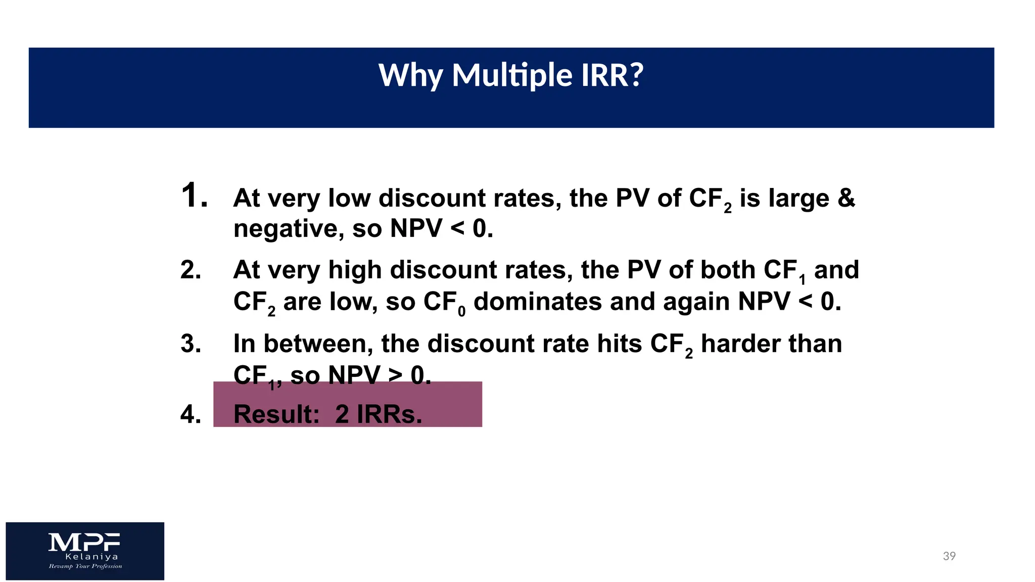 39
1. At very low discount rates, the PV of CF2 is large &
negative, so NPV < 0.
2. At very high discount rates, the PV of both CF1 and
CF2 are low, so CF0 dominates and again NPV < 0.
3. In between, the discount rate hits CF2 harder than
CF1, so NPV > 0.
4. Result: 2 IRRs.
Why Multiple IRR?
 
