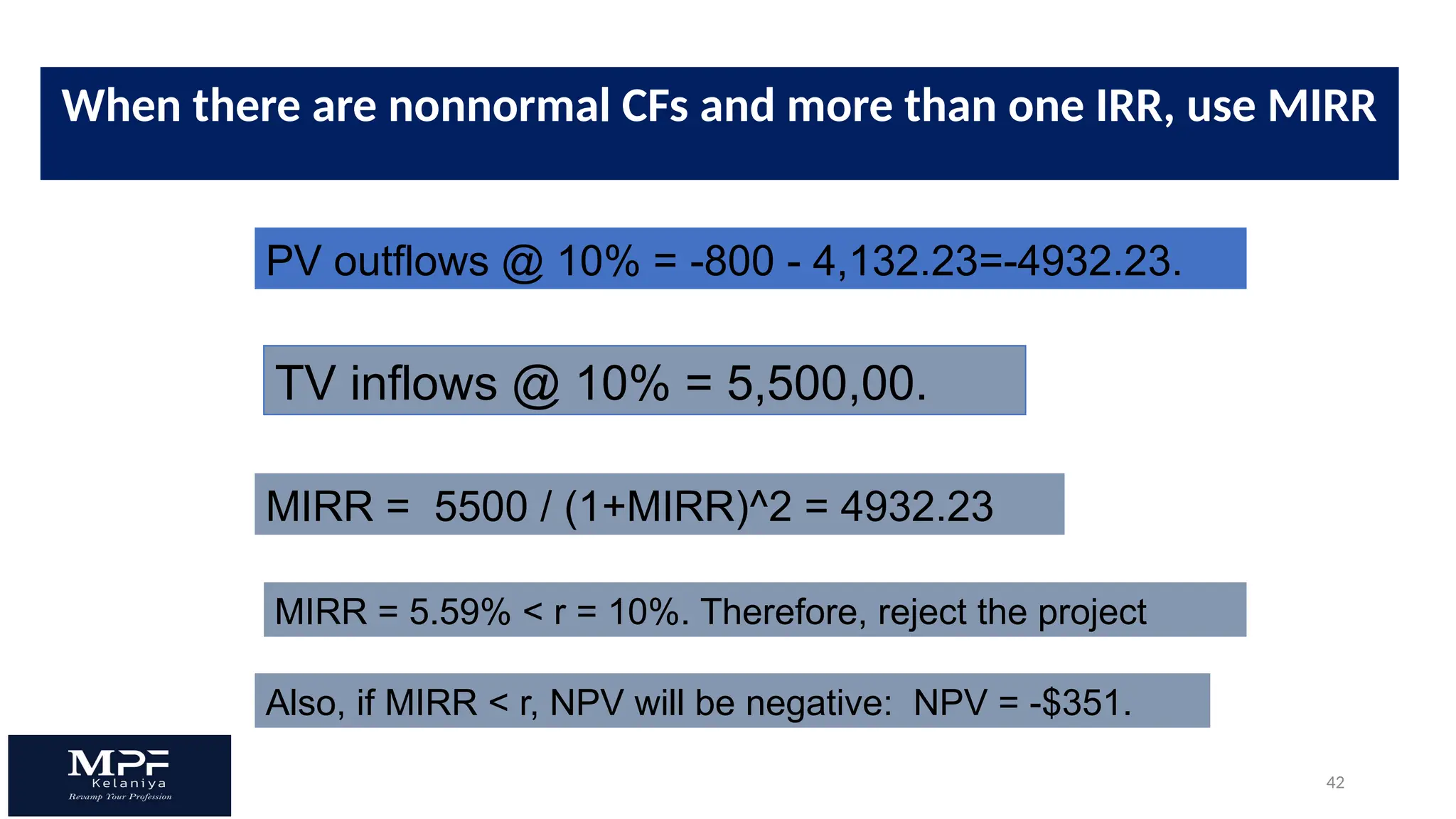 42
PV outflows @ 10% = -800 - 4,132.23=-4932.23.
TV inflows @ 10% = 5,500,00.
MIRR = 5500 / (1+MIRR)^2 = 4932.23
MIRR = 5.59% < r = 10%. Therefore, reject the project
Also, if MIRR < r, NPV will be negative: NPV = -$351.
When there are nonnormal CFs and more than one IRR, use MIRR
 