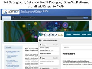 http://ﬂickr.com/photos/rocketqueen/1573565705/
But	
  Data.gov.uk,	
  Data.gov,	
  HealthData.gov,	
  	
  OpenGovPlaqorm,	
  
etc.	
  all	
  add	
  Drupal	
  to	
  CKAN
 