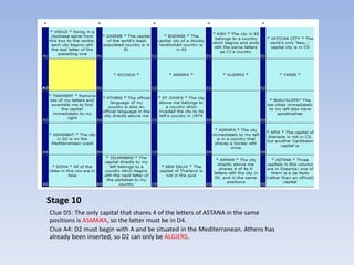 Stage 10
Clue D5: The only capital that shares 4 of the letters of ASTANA in the same
positions is ASMARA, so the latter must be in D4.
Clue A4: D2 must begin with A and be situated in the Mediterranean. Athens has
already been inserted, so D2 can only be ALGIERS.
 