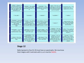 Stage 12
Referring back to Clue E3, D3 must have an apostrophe. We now know
that it begins with S and ends with A, so it must be SANA’A.
 
