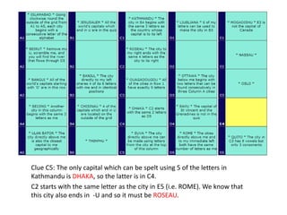Clue C5: The only capital which can be spelt using 5 of the letters in
Kathmandu is DHAKA, so the latter is in C4.
C2 starts with the same letter as the city in E5 (i.e. ROME). We know that
this city also ends in -U and so it must be ROSEAU.
 