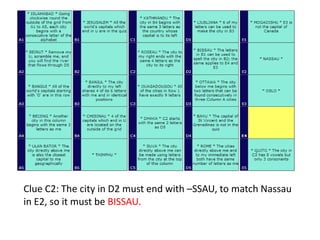 Clue C2: The city in D2 must end with –SSAU, to match Nassau
in E2, so it must be BISSAU.
 