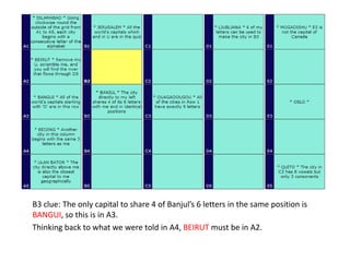 B3 clue: The only capital to share 4 of Banjul’s 6 letters in the same position is
BANGUI, so this is in A3.
Thinking back to what we were told in A4, BEIRUT must be in A2.
 