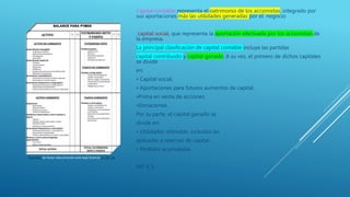 Capital contable representa el patrimonio de los accionistas, integrado por
sus aportaciones más las utilidades generadas por el negocio
capital social, que representa la aportación efectuada por los accionistas de
la empresa.
La principal clasiﬁcación de capital contable incluye las partidas
capital contribuido y capital ganado. A su vez, el primero de dichos capitales
se divide
en:
• Capital social.
• Aportaciones para futuros aumentos de capital.
•Prima en venta de acciones.
•Donaciones.
Por su parte, el capital ganado se
divide en:
• Utilidades retenidas, incluidas las
aplicadas a reservas de capital.
• Pérdidas acumuladas
NIF A 5
Esta foto de Autor desconocido está bajo licencia CC BY-SA
 