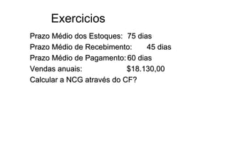 Exercicios
Prazo Médio dos Estoques: 75 dias
Prazo Médio de Recebimento:     45 dias
Prazo Médio de Pagamento: 60 dias
Vendas anuais:             $18.130,00
Calcular a NCG através do CF?
 