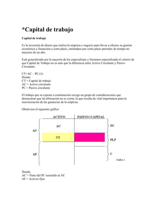 *Capital de trabajo
Capital de trabajo

Es la inversión de dinero que realiza la empresa o negocio para llevar a efectos su gestión
económica y financiera a corto plazo, entiéndase por corto plazo períodos de tiempo no
mayores de un año.

Está generalizado por la mayoría de los especialistas y literatura especializada el criterio de
que Capital de Trabajo no es más que la diferencia entre Activo Circulante y Pasivo
Circulante.

CT=AC – PC (1)
Donde:
CT = Capital de trabajo
AC = Activo circulante
PC = Pasivo circulante

El trabajo que se expone a continuación recoge un grupo de consideraciones que
demuestran que tal afirmación no es cierta, lo que resulta de vital importancia para la
maximización de las ganancias de la empresa.

Obsérvese el siguiente gráfico




Donde:
AC´= Parte del PC sustraído al AC
AF = Activos fijos
 