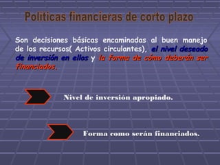 Son decisiones básicas encaminadas al buen manejo
de los recursos( Activos circulantes), el nivel deseadoel nivel deseado
de inversión en ellosde inversión en ellos y la forma de cómo deberán serla forma de cómo deberán ser
financiados.financiados.
Nivel de inversión apropiado.
Forma como serán financiados.
 