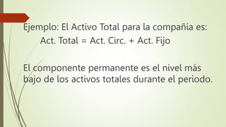 Ejemplo: El Activo Total para la compañía es:
Act. Total = Act. Circ. + Act. Fijo
El componente permanente es el nivel más
bajo de los activos totales durante el periodo.
 