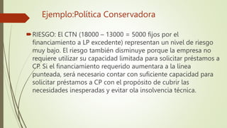 Ejemplo:Política Conservadora
RIESGO: El CTN (18000 – 13000 = 5000 fijos por el
financiamiento a LP excedente) representan un nivel de riesgo
muy bajo. El riesgo también disminuye porque la empresa no
requiere utilizar su capacidad limitada para solicitar préstamos a
CP. Si el financiamiento requerido aumentara a la línea
punteada, será necesario contar con suficiente capacidad para
solicitar préstamos a CP con el propósito de cubrir las
necesidades inesperadas y evitar ola insolvencia técnica.
 