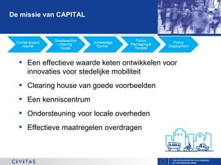 De missie van CAPITAL

•

Een effectieve waarde keten ontwikkelen voor
innovaties voor stedelijke mobiliteit

•
•
•
•

Clearing house van goede voorbeelden
Een kenniscentrum
Ondersteuning voor locale overheden
Effectieve maatregelen overdragen

THE CIVITAS INITIATIVE IS CO-FINANCED
BY THE EUROPEAN UNION

 