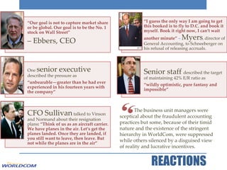 REACTIONS The business unit managers were sceptical about the fraudulent accounting practices but some, because of their timid nature and the existence of the stringent hierarchy in WorldCom, were suppressed while others silenced by a disguised view  of reality and lucrative incentives. “ Our goal is not to capture market share or be global. Our goal is to be the No. 1 stock on Wall Street”   –  Ebbers, CEO “ I guess the only way I am going to get this booked is to fly to D.C. and book it myself. Book it right now, I can‘t wait another minute”  –  Myers ,  director of General Accounting, to Schneeberger on his refusal of releasing accruals. One  senior executive  described the pressure as  “ unbearable—greater than he had ever experienced in his fourteen years with the company” Senior staff  described the target of maintaining 42% E/R ratio as  “ wildly optimistic, pure fantasy and impossible” CFO Sullivan  talked to Vinson and Normand about their resignation plans :  “Think of us as an aircraft carrier. We have planes in the air. Let‘s get the planes landed. Once they are landed, if you still want to leave, then leave. But not while the planes are in the air” 