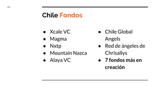 Chile Fondos
● Xcale VC
● Magma
● Nxtp
● Mountain Nazca
● Alaya VC
● Chile Global
Angels
● Red de ángeles de
Chrisallys
● 7 fondos más en
creación
 