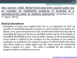 126


New Section 54GB- Relief from long-term capital gains tax
on transfer of residential property if invested in a
manufacturing small or medium enterprise. [Inserted w.e.f.
1st April, 2013]

Brief of Amendment
• Exemption of Long term Capital Gain Tax to an Individual or HUF on
  transfer of residential property (a house or a plot of land) on or before 31st
  March, 2017 upon reinvestment of sale consideration before the due date of
  furnishing the return of income as specified section 139 (1) in the Equity of
  ELIGIBLE BUSINESS (a new start up SME company in the manufacturing
  sector which is utilized by the company for the purchase of new plant &
  machinery as specified in the section in section in which in hold more than
  50% share capital or voting rights) and The share cannot be transferred
  within a period of 5 years . The relief is available for any transfer of
  property made on or before 31.03.2017.


                                                        Download From :www.simpletaxindia.net
 