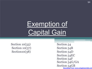 92




           Exemption of
           Capital Gain
Section 10(33)     Section 54
Section 10(37)     Section 54B
Section10(38)      Section 54D
                   Section 54EC
                   Section 54F
                   Section 54G/GA
                   Section 54GB
                       Download From :www.simpletaxindia.net
 
