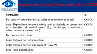 Computation of Long Term capital Gain (LTCG
Particulars Rs.
Full value of consideration(i.e., Sales consideration of asset) XXXXX
Less: Expenditure incurred wholly and exclusively in connection
with transfer of capital asset (E.g., brokerage, commission,
advertisement expenses, etc.).
XXXXX
Net sale consideration XXXXX
Less: Indexed cost of acquisition XXXXX
Less: Indexed cost of improvement if any (*) XXXXX
Long-Term Capital Gains XXXXX
 