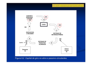 6.1 Recursos de Curto Prazo




              CUSTOS E
              DESPESAS               250
               A PAGAR
                 - 100           5


                               CAIXA                200
            350
                   4

                                                1
              DUPLICATAS
              A RECEBER                      ESTOQUE DE
                                           MATÉRIAS-PRIMAS


                   3                                 200
                                                     60
             260           ESTOQUE DE
    Lucro    50             PRODUTOS       2
             40             ACABADOS


                                                             Outros
        Despesas
                                                             Custos
           40
                                                               60




Figura 6.2 Capital de giro no ativo e passivo circulantes.
 