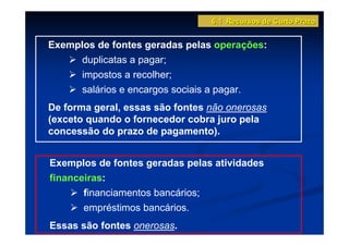 6.1 Recursos de Curto Prazo


Exemplos de fontes geradas pelas operações:
      duplicatas a pagar;
      impostos a recolher;
      salários e encargos sociais a pagar.
De forma geral, essas são fontes não onerosas
(exceto quando o fornecedor cobra juro pela
concessão do prazo de pagamento).


Exemplos de fontes geradas pelas atividades
financeiras:
       financiamentos bancários;
       empréstimos bancários.
Essas são fontes onerosas.
 