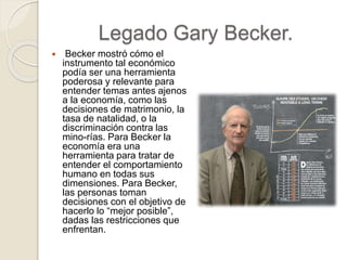 Legado Gary Becker.
 Becker mostró cómo el
instrumento tal económico
podía ser una herramienta
poderosa y relevante para
entender temas antes ajenos
a la economía, como las
decisiones de matrimonio, la
tasa de natalidad, o la
discriminación contra las
mino-rías. Para Becker la
economía era una
herramienta para tratar de
entender el comportamiento
humano en todas sus
dimensiones. Para Becker,
las personas toman
decisiones con el objetivo de
hacerlo lo “mejor posible”,
dadas las restricciones que
enfrentan.
 
