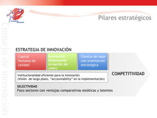 Pilares estratégicos ESTRATEGIA DE INNOVACIÓN Capital Humano de calidad Ciencia de base con orientación estratégica Innovación Empresarial (creación de valor) Institucionalidad eficiente para la innovación (Visión  de largo plazo, “accountability” en la implementación) SELECTIVIDAD  Foco sectores con ventajas comparativas estáticas y latentes  COMPETITIVIDAD 