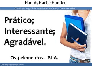 Haupt, Hart e Handen 
O princípio original de Peter Petersen Cabeça, Coração e Mãos 
Prático; 
Interessante; 
Agradável. 
Os 3 elementos – P.I.A. 
Capacitando e desenvolvendo Pessoas 
Professor Daniel de Carvalho Luz 
 