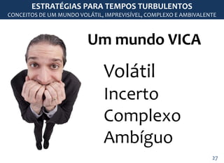 ESTRATÉGIAS PARA TEMPOS TURBULENTOS 
CONCEITOS DE UM MUNDO VOLÁTIL, IMPREVISÍVEL, COMPLEXO E AMBIVALENTE 
Um mundo VICA 
Volátil 
Incerto 
Complexo 
Ambíguo 
27 
 