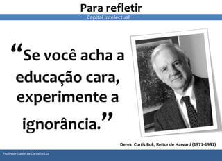 Para refletir 
“Se você acha a 
educação cara, 
experimente a 
ignorância.” 
Derek Curtis Bok, Reitor de Harvard (1971-1991) 
6 66 
Professor Daniel de Carvalho Luz 
Capital Intelectual 
 