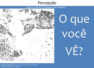 O que
você
VÊ?
II Seminário de Instrutores e Gestores de Educação dos Correios
Percepção
BrasPine & Braslumber Capacitando e desenvolvendo Pessoas
Professor Daniel de Carvalho Luz
Capital Intelectual palestra na Unibbras
 