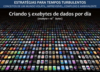 Criando 5 exabytes de dados por dia
(exabyte = 10 bytes)
18
ESTRATÉGIAS PARA TEMPOS TURBULENTOS
CONCEITOS DE UM MUNDO VOLÁTIL, IMPREVISÍVEL, COMPLEXO E AMBIVALENTE
 
