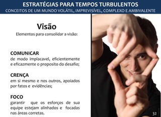 Visão
Elementos para consolidar a visão:
COMUNICAR
de modo implacavel, eficientemente
e eficazmente o proposito do desafio;
CRENÇA
em si mesmo e nos outros, apoiados
por fatos e evidências;
FOCO
garantir que os esforços de sua
equipe estejam alinhados e focadas
nas áreas corretas.
ESTRATÉGIAS PARA TEMPOS TURBULENTOS
CONCEITOS DE UM MUNDO VOLÁTIL, IMPREVISÍVEL, COMPLEXO E AMBIVALENTE
32
 